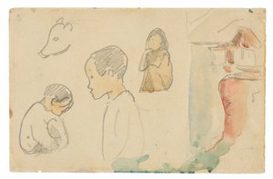 Skisser av hukende og stående figurer, en gris og en hytte ved vannkanten av Paul Gauguin