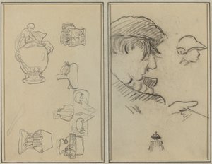 Studier av kanner og vaser; En mann med bart og en gutt med hatt [recto] av Paul Gauguin