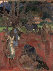 Tahitisk landskap med ni figurer. av Paul Gauguin