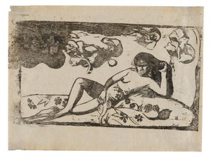 Te arii vahine—opoi (Kvinne med mangoer—trøtt), fra serien med sene tresnitt av Paul Gauguin