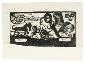 Tre personer, en maske, en rev og en fugl, hodeplagg for Le sourire av Paul Gauguin