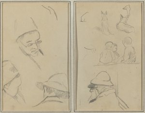 Tre studier av menns hoder, en med briller; Hunder, barn og to skjeggete menn i profil [verso] av Paul Gauguin