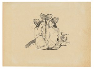 To maori kvinner sitter på huk av Paul Gauguin