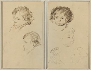 To studier av et barnehode; To studier av et barnehode, en kvinne i profil og en mann som bryter et dyr [recto] av Paul Gauguin