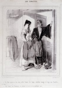 2 fattige kvinner i samtale på trappene om menn, «Les Lorettes», Gavarni, ca. 1840. av Paul Gavarni