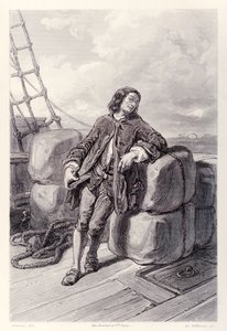 Kaptein Lemuel Gulliver til sjøs på handelsskipet sitt, fra French Edition of Gullivers Travels av Jonathan Swift av Paul Gavarni