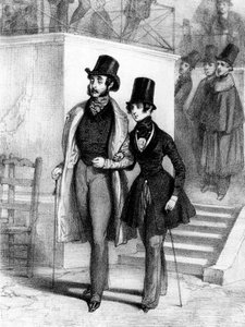 George Sand (r) kledd som student, og kjæresten Jules Sandeau i Paris, ca. 1831, gravering av Paul Gavarni (1804-1866)