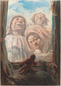 Gulliver Awed av tre gigantiske tiggere i landet Brobdingnag av Paul Gavarni