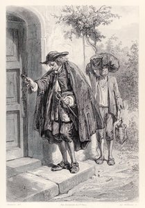 Gulliver kommer hjem klokken tre om ettermiddagen og går inn i huset, fra French Edition of Gullivers Travels av Jonathan Swift av Paul Gavarni