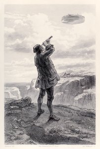 Gulliver ser den flygende øya Laputa for første gang, og undersøker den gjennom teleskopet sitt, fra den franske utgaven av Gullivers Travels av Jonathan Swift