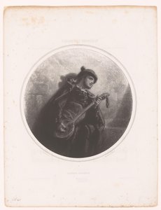 Mann med banjo synger og spiller en serenade Sérénade espagnole (tittel på objekt) Illustrasjoner til sangene til Jeanne Gavarni (serietittel) Illustrations des Mélodies de Madame Jeanne Gavarni (serietittel) av Paul Gavarni