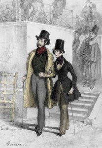 Portrett av forfatteren George Sand (1804-1876) Aurore Dupin, Baronne Dudevant, student i Paris, kledd på gutten Tegning av Paul Gavarni (1804-1866)