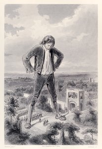 Den lilliputiske hæren marsjerer mellom beina på Gulliver, fra den franske utgaven av Gullivers Travels av Jonathan Swift av Paul Gavarni