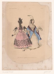 To kvinner i ballkjoler Transvestissemens originaux pour les Bals de 1834 (tittel på objekt) Fantasifulle klær (serietittel) Fantaisies (serietittel på objekt) av Paul Gavarni