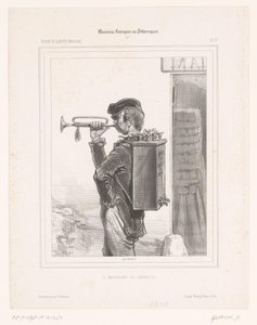 Verkoper van taps speelt trompet The Merchant of taps (tittel på objekt) Komische muzikanten (serietittel) Comical or Picturesque Musicians (serietittel på objekt) av Paul Gavarni