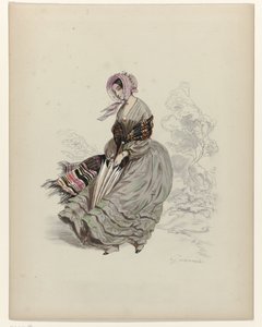Kvinne som går i vinden med parasoll, 1840 av Paul Gavarni