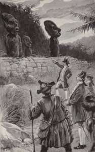 Undersøker statuene på Påskeøya (litho) av Paul Hardy
