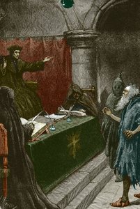 Inkvisisjon og utvisning av jødene i Spania: en spansk jøde før storinkvisitoren rundt 1492 på tidspunktet for utgivelsen av dekretet om Alhambra - Illustrasjon av Paul Hardy 1891 spansk jøde før storinkvisitoren