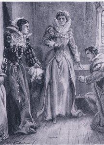 Dronning Mary Elizabeth og Courtenay Jeg vil svare på det spørsmålet ropte Mary og kastet Arras til side, illustrasjon fra The Worlds Library of Best Books, ca. 1940 av Paul Hardy