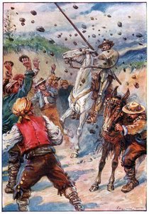 De kastet en dusj av steiner på Don Quixote, illustrasjon fra «The Adventures of Don Quixote», utgitt av G. Bell & Sons, Ltd. av Paul Hardy