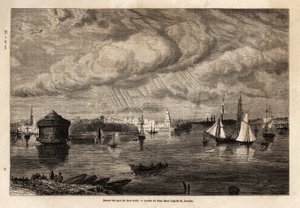 Inngangen til havnen i New York, tegning av Paul Huet (1803-1869), for å illustrere reisene til Nord-Amerika i 1854-1855, av L. Deville. Gravering i “” Le tour du monde”” 1861. Selvas samling. av Paul Huet