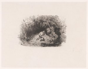 Titteltrykk med lesende mann med hund i en skog Ulike forestillinger av Paul Huet (serietittel) Six Eaux-Fortes (serietittel) av Paul Huet
