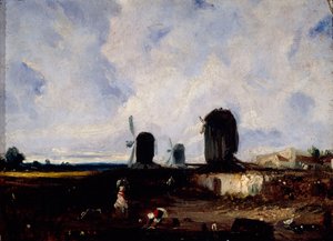 Vindmøller på slettene i Montrouge, ca. 1820 (olje på lerret) av Paul Huet