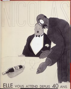 Hun har ventet på deg i 40 år. Servitøren på en restaurant henvender seg til en kunde ved å designe en flaske vin. - annonse for Nicolas, tegning av Paul Iribe (1883-1935) av Paul Iribe