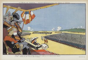 Besøk av kong Alfonso XIII av Spania til Paris: militærparade i Vincennes. Illustrasjon for Le Rire