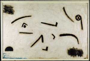 Uten tittel (skilt på svart bakgrunn), C.1940 (farge og lim på papir) av Paul Klee