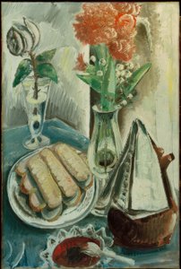 Stilleben med kaffekanne, blomster og bakverk