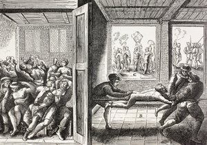 Propaganda fra 1500-tallet som illustrerer volden fra franske hugenotter mot katolikkene i Sør-Frankrike.
