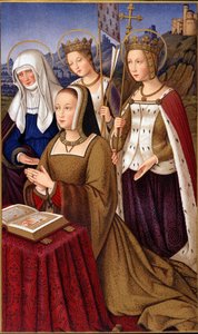 Portrett av Anne av Bretagne (1477-1514), dronning av Frankrike, i bønn med sin hellige skytshelgen Saint Anne, Saint Helene og Saint Ursule - i "" Militært og religiøst liv i middelalderen og renessansen"" av Paul Lacroix, Paris