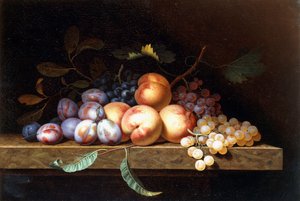Fersken, plommer og druer på en steinhylle, av Paul Liegeois