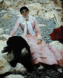 Portrett av kunstnerens kone på stranden (olje på lerret)