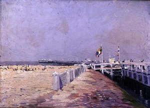 Den lille stranden i Oostende (olje om bord) av Paul Mathieu