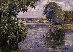 Landsby på Seinen (olje på panel)
