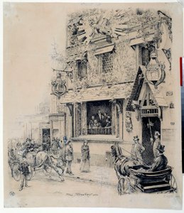 Utsikt over inngangen til Cabaret du Chat Noir. Blekktegning av Paul Merwart (1855-1902) Paris fra 1800-tallet, Musee Carnavalet
