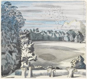 Landskap med røker, ca. 1913-14 (svart kritt og akvarell på papir) av Paul Nash