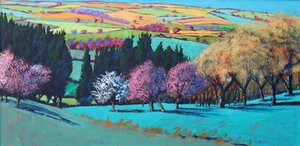 Teme Valley April (akryl om bord) av Paul Powis