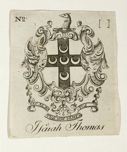 Bokskilt for Isaiah Thomas (1749-1831), ca. 1765-1770 (gravering på lagt papir) av Paul Revere
