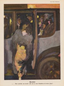 Kvinne setter seg inn i en bil for å kjøre hjem etter en natt ute (farge litho) av Paul Rieth
