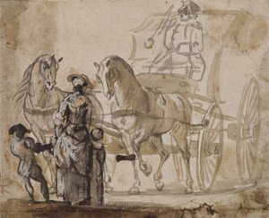 En vogn og et par, med kusk (grå og brun vask forhøyet med hvitt på papir) av Paul Sandby