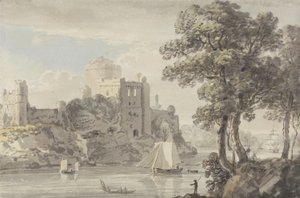 A Castle on the River (blyant og akvarell på papir) av Paul Sandby