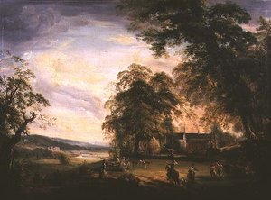 En utsikt over Arundel Castle med Country Folk Merrymaking ved et gårdshus av Paul Sandby