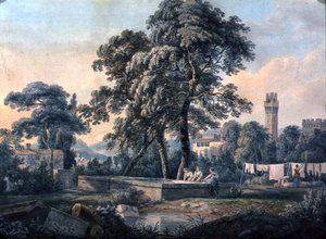 Et italiensk landskap med kvinner ved et vaskebasseng av Paul Sandby