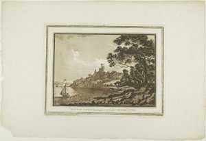 Benton Castle ser nedover Reach til Milford Haven, fra tolv utsikter i Aquatinta fra tegninger tatt på stedet i Sør-Wales av Paul Sandby