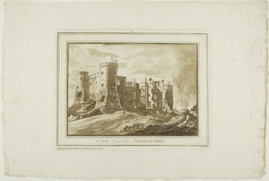 Carey Castle i Pembroke Shire, fra Twelve Views in Aquatinta fra tegninger tatt på stedet i Sør-Wales av Paul Sandby