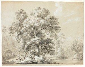 Mann og hund sitter under trær ved elven av Paul Sandby