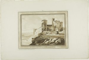 Manerbawr Castle i Pembroke Shire, fra Twelve Views in Aquatinta fra tegninger tatt på stedet i Sør-Wales av Paul Sandby